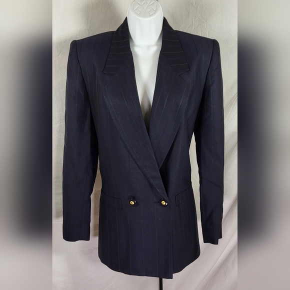 LE SUIT Navy Blue Pinstripe 2 Piece Skirt Suit - Size 6 - Picture 3 of 8